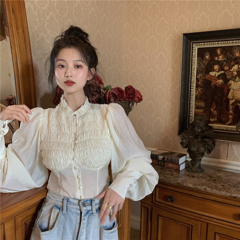 Design original franceză cu mânecă lungă scurtă femei bluză cu nasturi în față Cămașă retro subțire pentru femei Coreea Îmbrăcăminte pentru femei