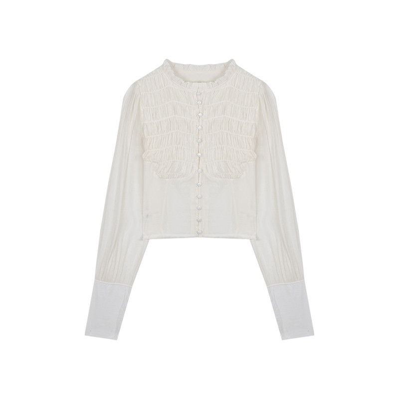 Design original franceză cu mânecă lungă scurtă femei bluză cu nasturi în față Cămașă retro subțire pentru femei Coreea Îmbrăcăminte pentru femei