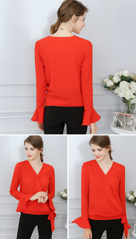 ženske poliesterske bluze s V izrezom dugih rukava crvene majice ljeto jesen korejska modna košulja ženska ležerna odjeća