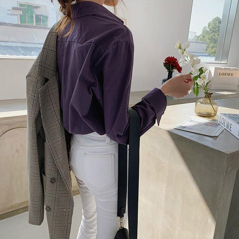 Vintažinė apykakle, moteriška palaidinė Marškiniai Rudens žiemos stora moteriška palaidinė Viršutiniai drabužiai Purpuriniai marškiniai 2020 m.