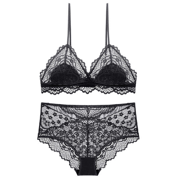 Moteriška nėriniuota trikampė liemenėlė ir bikinio rinkinys aukštu juosmeniu