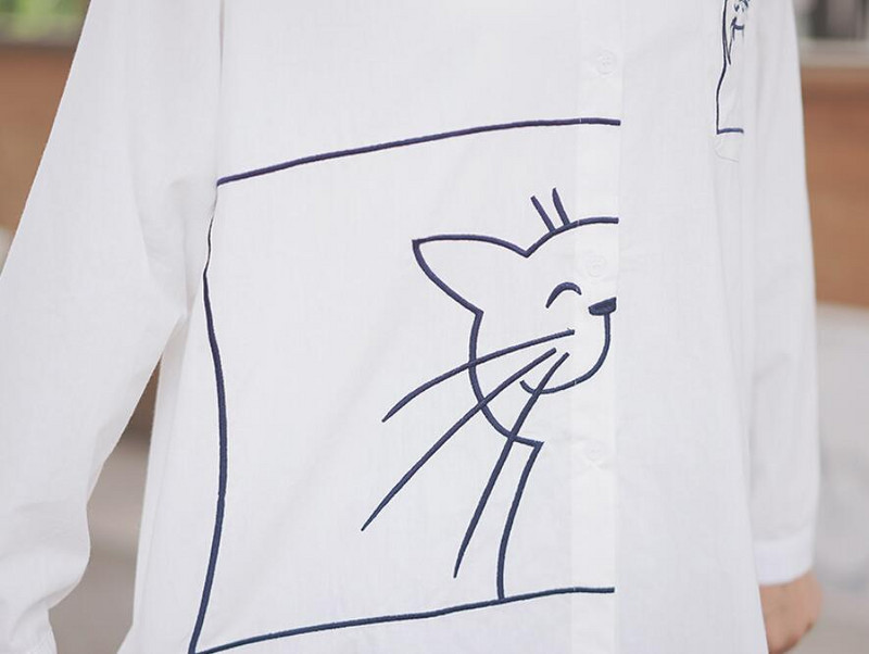 Armsad naiste särgid, pikkade varrukatega, alla keeratud krae, kass tikandid, valge pluus, lahtised topid Mood lõõgastusriided Harajuku kandmine