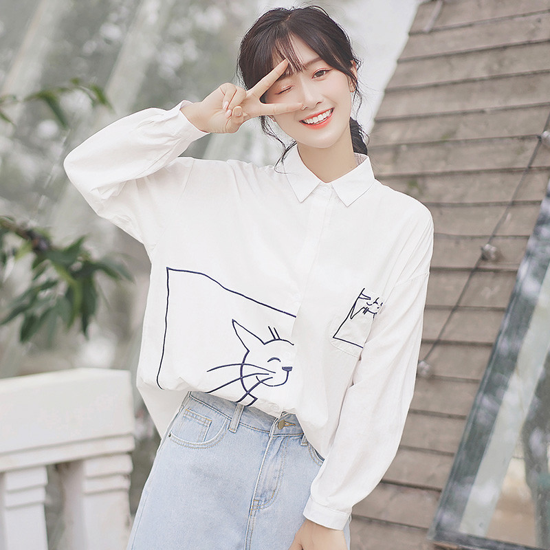 Armsad naiste särgid, pikkade varrukatega, alla keeratud krae, kass tikandid, valge pluus, lahtised topid Mood lõõgastusriided Harajuku kandmine