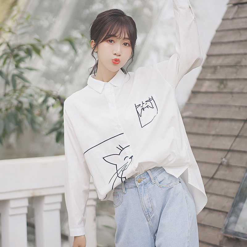 Armsad naiste särgid, pikkade varrukatega, alla keeratud krae, kass tikandid, valge pluus, lahtised topid Mood lõõgastusriided Harajuku kandmine