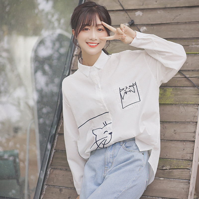 Armsad naiste särgid, pikkade varrukatega, alla keeratud krae, kass tikandid, valge pluus, lahtised topid Mood lõõgastusriided Harajuku kandmine