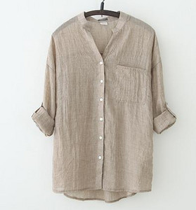 4 jednobojne ženske košulje s tri četvrtine rukava u vintage stilu od pamučnog lana 2020. modna književna bluza s džepovima široke majice