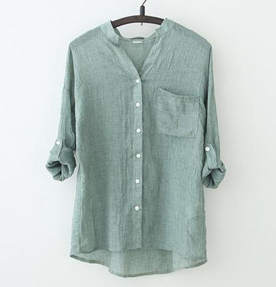 4 jednobojne ženske košulje s tri četvrtine rukava u vintage stilu od pamučnog lana 2020. modna književna bluza s džepovima široke majice