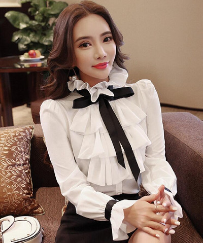 Nové dámske topy, módne dámske biele volánikové košele s dlhým rukávom, ležérne šifónové blúzky 2018, pracovné oblečenie, kancelária