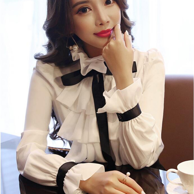 Nové dámske topy, módne dámske biele volánikové košele s dlhým rukávom, ležérne šifónové blúzky 2018, pracovné oblečenie, kancelária