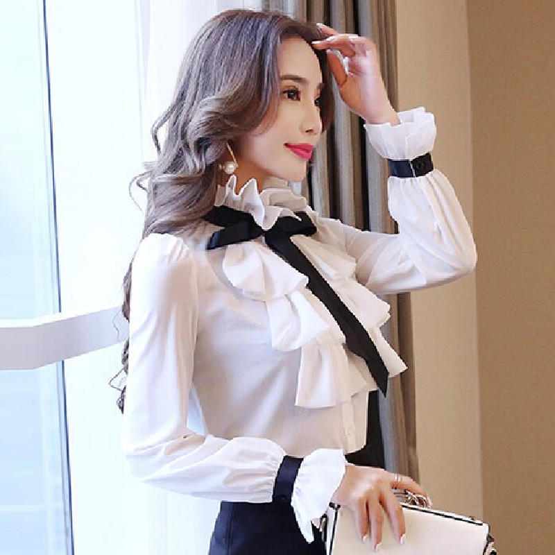 Nové dámske topy, módne dámske biele volánikové košele s dlhým rukávom, ležérne šifónové blúzky 2018, pracovné oblečenie, kancelária