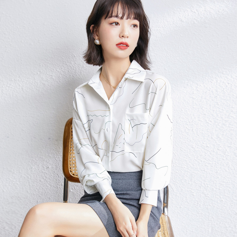 Nova proljetna bijela košulja za žene 2021. široke ženske majice i bluze s džepovima, ležerne duge rukave od šifona Mujer
