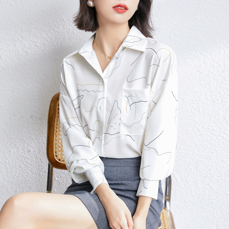 Nova proljetna bijela košulja za žene 2021. široke ženske majice i bluze s džepovima, ležerne duge rukave od šifona Mujer