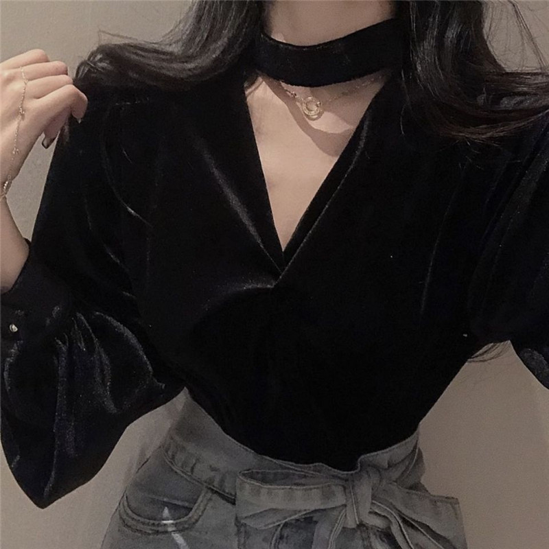 Ženske osnovne košulje, seksi baršunasta bluza s V-izrezom, dugih rukava, velike veličine, crna, ležerna, ženska majica, proljeće, novo
