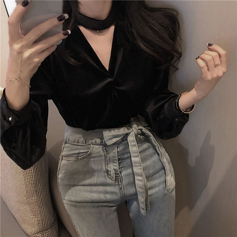 Ženske osnovne košulje, seksi baršunasta bluza s V-izrezom, dugih rukava, velike veličine, crna, ležerna, ženska majica, proljeće, novo