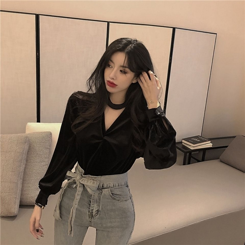 Ženske osnovne košulje, seksi baršunasta bluza s V-izrezom, dugih rukava, velike veličine, crna, ležerna, ženska majica, proljeće, novo