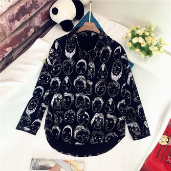 Funny Face Cartoon Button Up Μπλούζα Μακρυμάνικη Ασύμμετρη Λευκό Μαύρο Πουκάμισο Γυναικεία Φαρδιά Casual Μπλούζες Blusas Feminin Harajuku