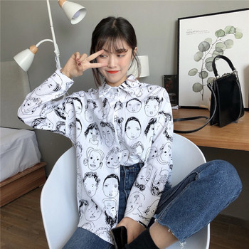 Funny Face Cartoon Button Up Μπλούζα Μακρυμάνικη Ασύμμετρη Λευκό Μαύρο Πουκάμισο Γυναικεία Φαρδιά Casual Μπλούζες Blusas Feminin Harajuku