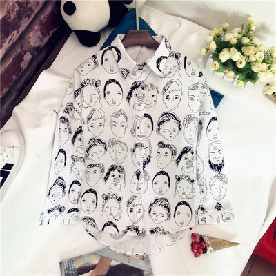 Juokingi veidą animaciniai filmukai su mygtukais Palaidinė ilgomis rankovėmis Asimetriški balti juodi marškiniai Moteriški laisvi laisvalaikio viršūnės Blusas Moteriškas Harajuku