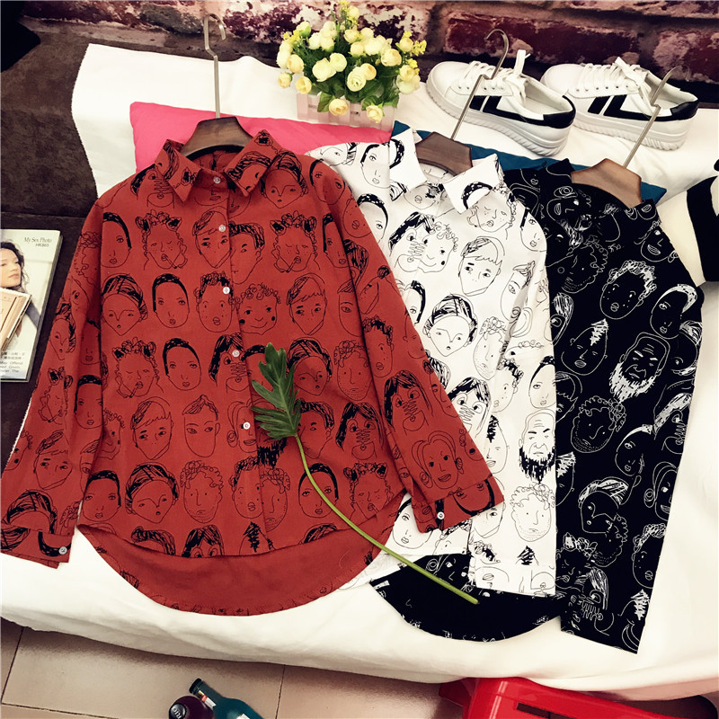 Funny Face Cartoon Button Up Bluză cu mânecă lungă, asimetrică, albă, cămașă neagră, femei, lejer, ocazional, topuri Bluze Feminin Harajuku