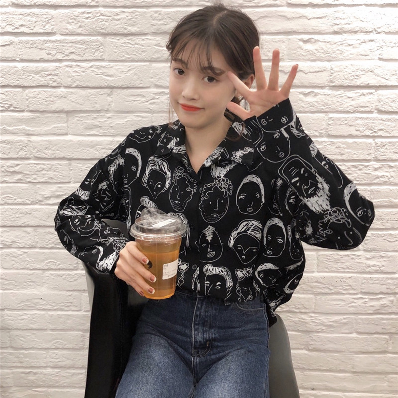 Funny Face Cartoon Button Up Bluză cu mânecă lungă, asimetrică, albă, cămașă neagră, femei, lejer, ocazional, topuri Bluze Feminin Harajuku