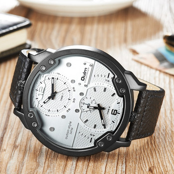 Oulm Мъжки ежедневни спортни часовници Уникален дизайн Голям мъжки часовник с кожена каишка Кварцов часовник с двойна часова зона Мъжки луксозен ръчен часовник