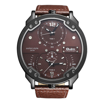 Oulm Мъжки ежедневни спортни часовници Уникален дизайн Голям мъжки часовник с кожена каишка Кварцов часовник с двойна часова зона Мъжки луксозен ръчен часовник