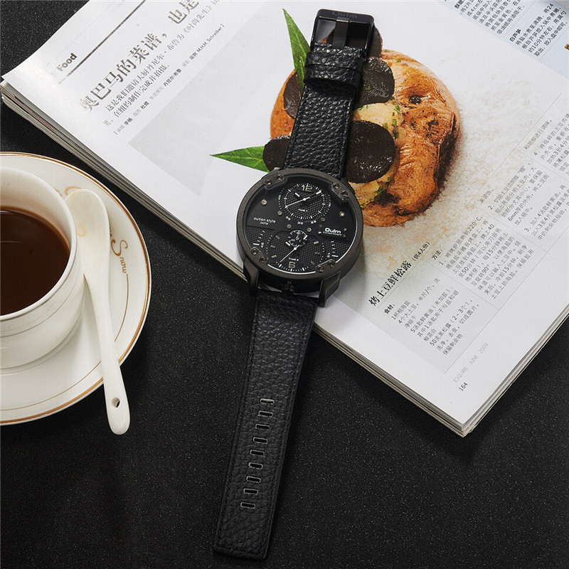 Oulm férfi alkalmi sportórák Egyedi dizájnú nagy óra Férfi bőrszíjas kvarcóra Dupla időzónás férfi luxus karóra