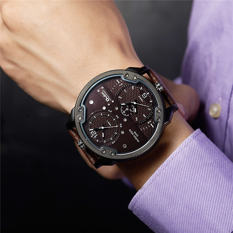 Oulm férfi alkalmi sportórák Egyedi dizájnú nagy óra Férfi bőrszíjas kvarcóra Dupla időzónás férfi luxus karóra