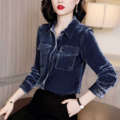 Moteriška palaidinė Auksinė aksominė biuro moteriški marškinėliai Ploni viršutiniai rudens žiemos moteriški palaidinės madingi drabužiai