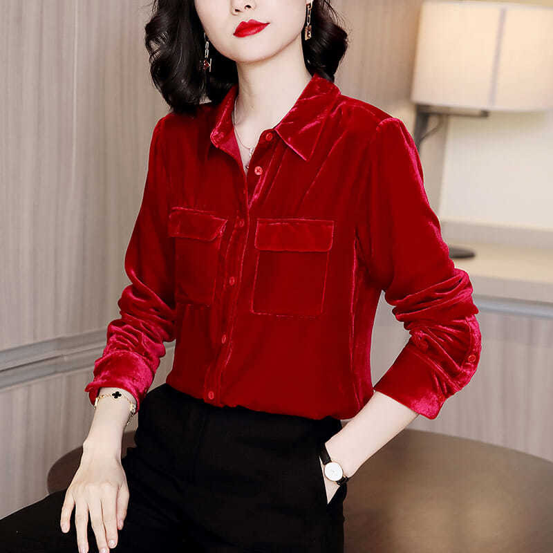 Moteriška palaidinė Auksinė aksominė biuro moteriški marškinėliai Ploni viršutiniai rudens žiemos moteriški palaidinės madingi drabužiai