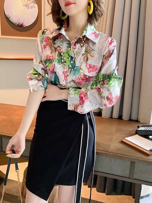 CHICLADY vintažinio dizainerio stiliaus gėlėmis marginta tropinė gėlėta palaidinė moteriška elegantiška moteriška pavasario vasaros marškinėliai, laisvalaikio satino viršūnės za