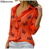 Ženske modne ležerne majice dugih rukava s otisnutim leptirima s otvorenim ovratnikom i dugmadima Gornje bluze Blusas Femininas #35