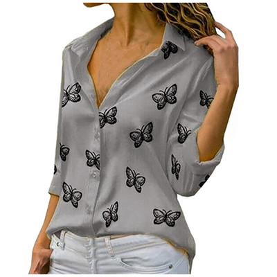 Ženske modne ležerne majice dugih rukava s otisnutim leptirima s otvorenim ovratnikom i dugmadima Gornje bluze Blusas Femininas #35