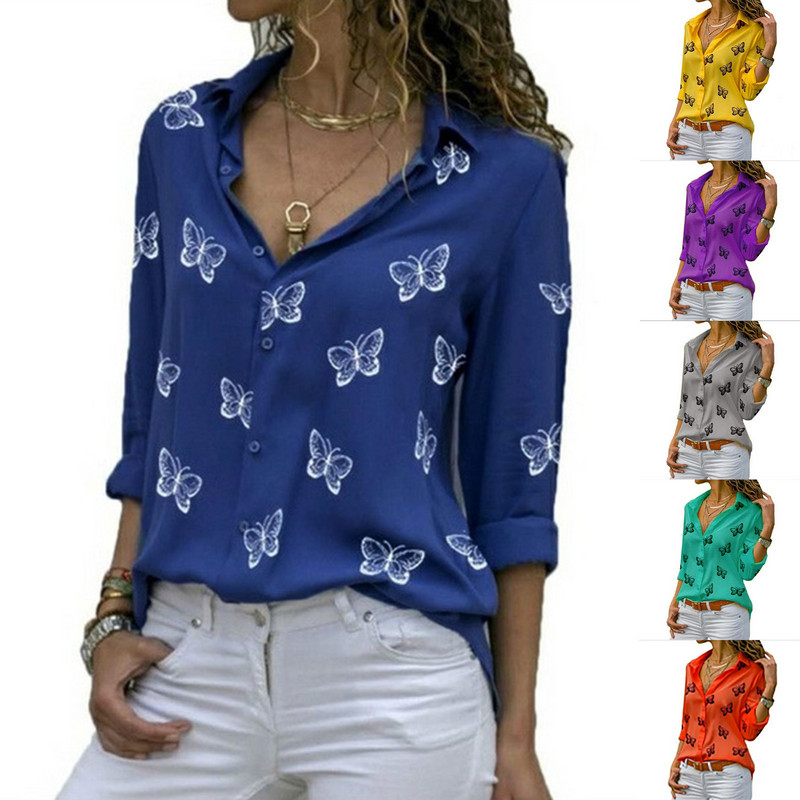 Ženske modne ležerne majice dugih rukava s otisnutim leptirima s otvorenim ovratnikom i dugmadima Gornje bluze Blusas Femininas #35