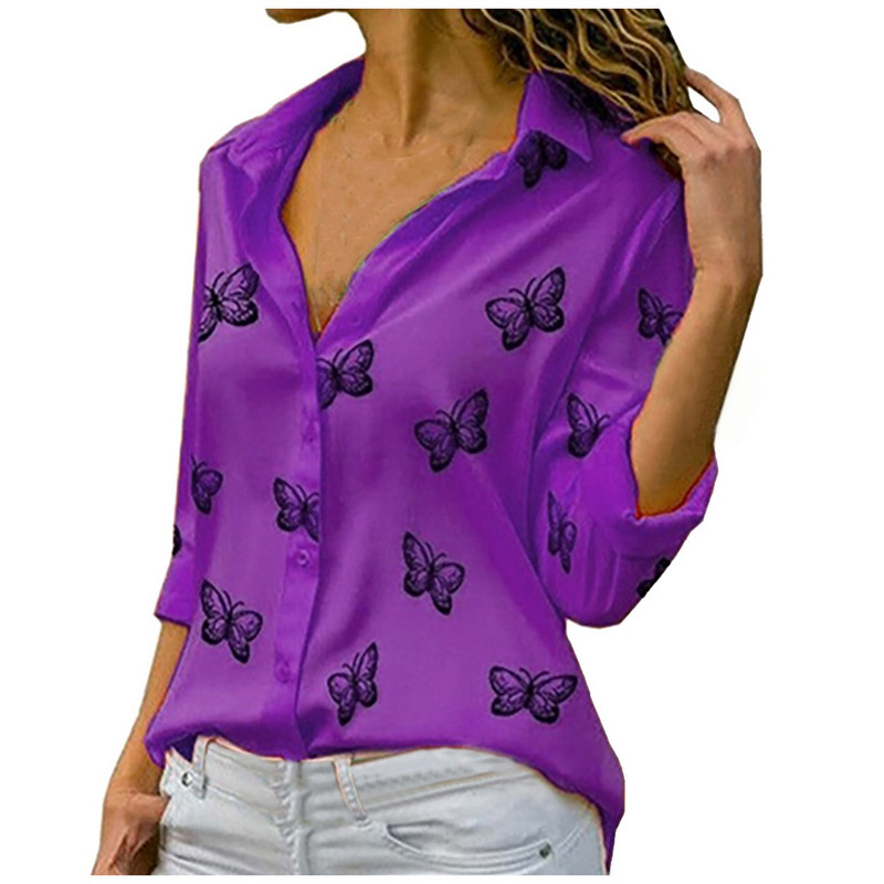 Ženske modne ležerne majice dugih rukava s otisnutim leptirima s otvorenim ovratnikom i dugmadima Gornje bluze Blusas Femininas #35