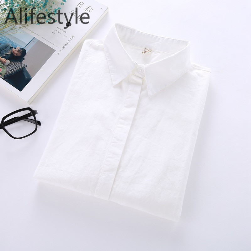 Női ingek blúzok, 2020 új őszi tavaszi tiszta fehér női ing, hosszú ujjú női felsők alkalmi pamutblúz