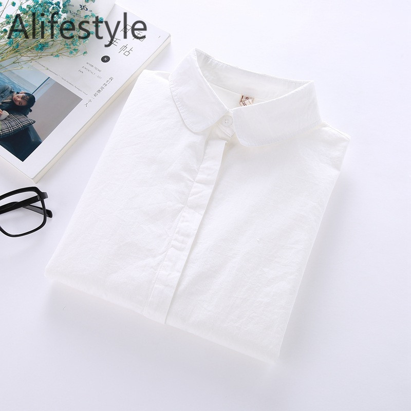 Női ingek blúzok, 2020 új őszi tavaszi tiszta fehér női ing, hosszú ujjú női felsők alkalmi pamutblúz