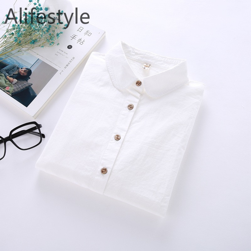 Női ingek blúzok, 2020 új őszi tavaszi tiszta fehér női ing, hosszú ujjú női felsők alkalmi pamutblúz