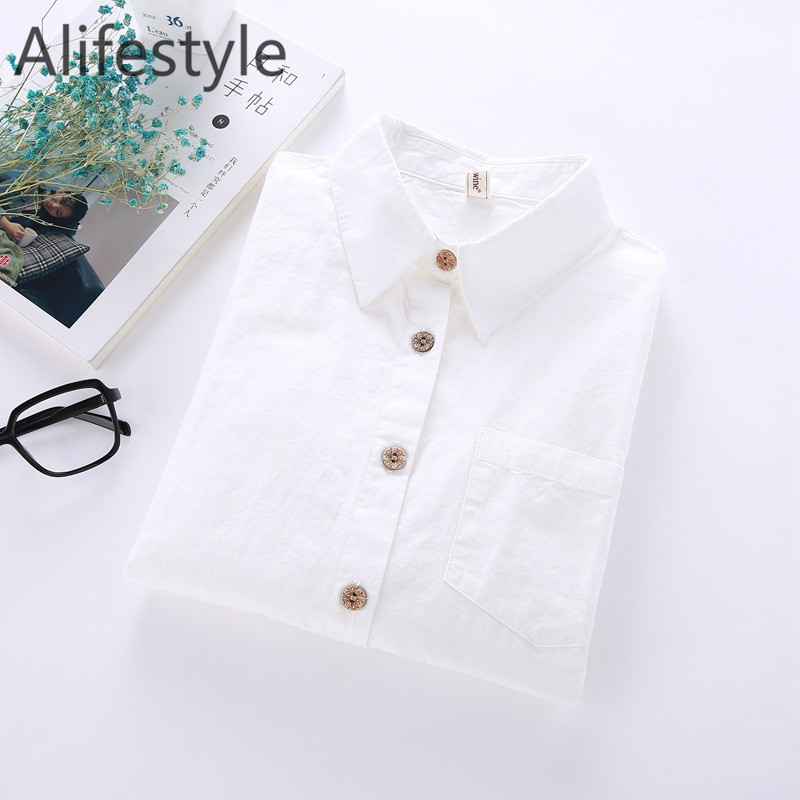 Női ingek blúzok, 2020 új őszi tavaszi tiszta fehér női ing, hosszú ujjú női felsők alkalmi pamutblúz