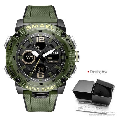 SMAEL Ceas digital cu afișaj LED cu oră dublă pentru bărbați, ceasuri sportive cu cuarț, rezistente la apă, cu dată automată, ceas cu alarmă, ceas de mână 8039