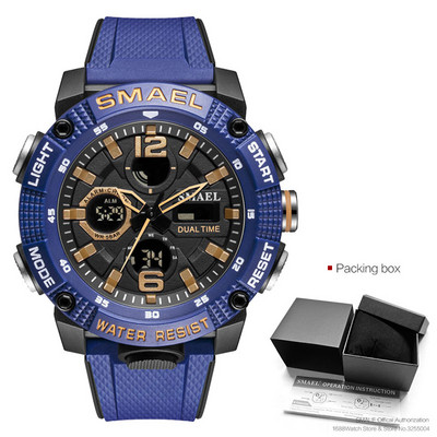 SMAEL Ceas digital cu afișaj LED cu oră dublă pentru bărbați, ceasuri sportive cu cuarț, rezistente la apă, cu dată automată, ceas cu alarmă, ceas de mână 8039