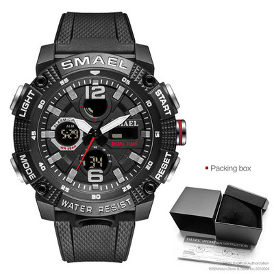 SMAEL Ceas digital cu afișaj LED cu oră dublă pentru bărbați, ceasuri sportive cu cuarț, rezistente la apă, cu dată automată, ceas cu alarmă, ceas de mână 8039