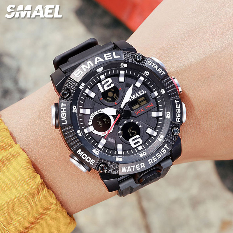 SMAEL Ceas digital cu afișaj LED cu oră dublă pentru bărbați, ceasuri sportive cu cuarț, rezistente la apă, cu dată automată, ceas cu alarmă, ceas de mână 8039
