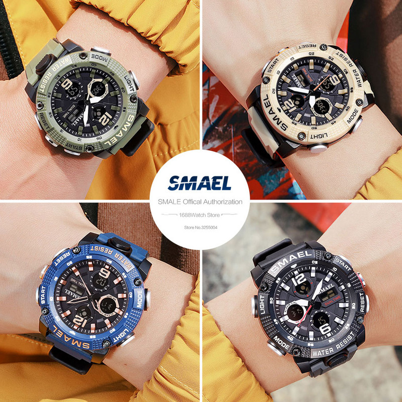 SMAEL Ceas digital cu afișaj LED cu oră dublă pentru bărbați, ceasuri sportive cu cuarț, rezistente la apă, cu dată automată, ceas cu alarmă, ceas de mână 8039