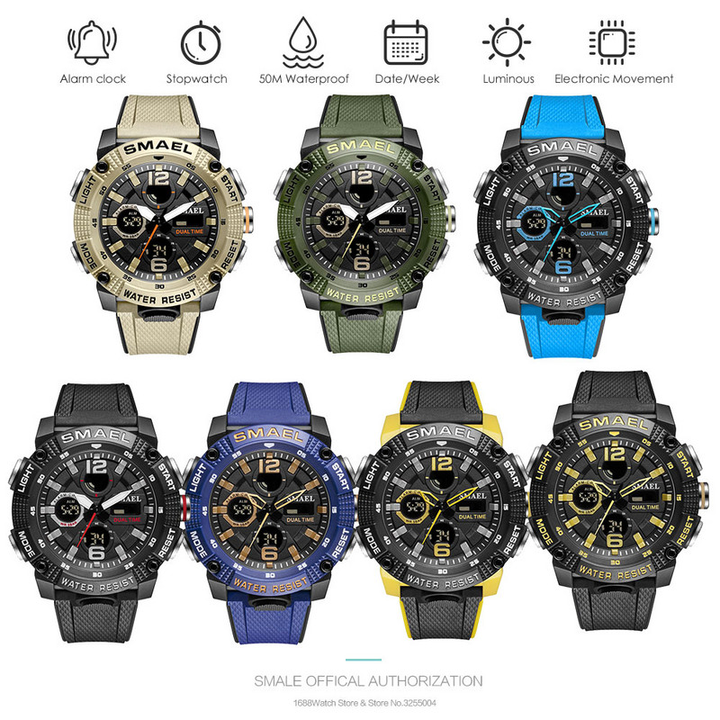 SMAEL Ceas digital cu afișaj LED cu oră dublă pentru bărbați, ceasuri sportive cu cuarț, rezistente la apă, cu dată automată, ceas cu alarmă, ceas de mână 8039