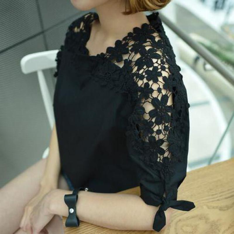 Ljetne ženske bluze 2020. Nova modna tanka izdubljena čipkasta košulja s pola rukava, jednobojna, s O-izrezom, cvijeće, udobne majice S-5XL