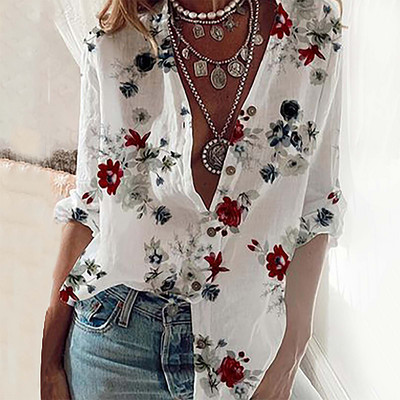 Didelio dydžio madingi gėlėti palaidiniai marškiniai su palaidomis sagutėmis Laisvalaikio rudens žiemos moteriškos moteriškos palaidinės ilgomis rankovėmis Blusas megztinis