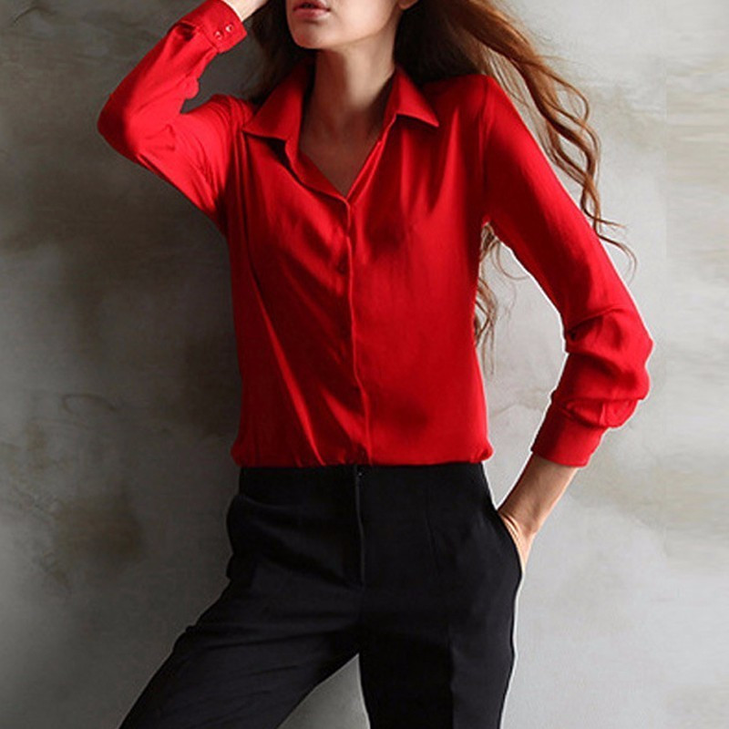 2018 m. Moterų verslo biuro marškiniai Lady OL marškinėliai Šifoninės palaidinės Moteriškos viršutinės marškinių palaidinės Madingi raudoni mėlyni juodi marškiniai plius dydis 2XL