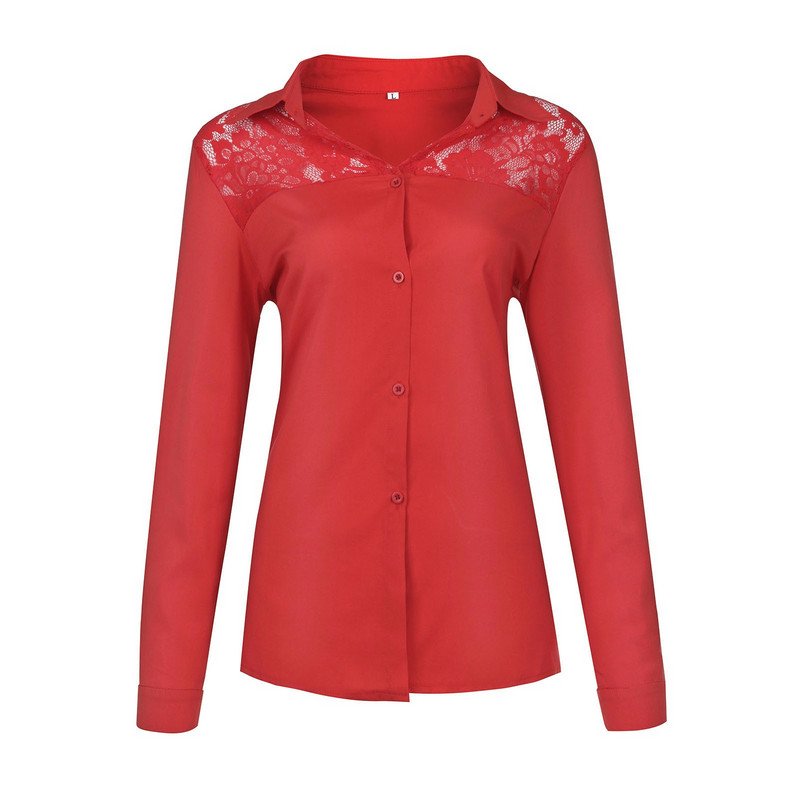 Modne ženske šifonske jednobojne bluze sa spuštenim ovratnikom i čipkanim šavovima, ležerna uredska košulja s dugim rukavima Blusas Femininas#35