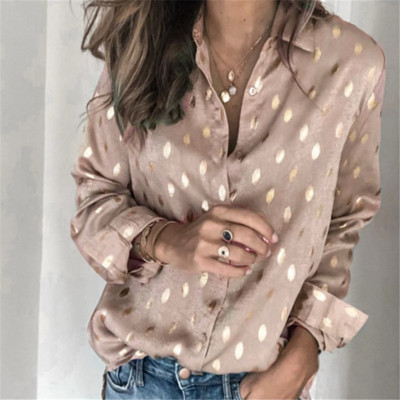 Moteriški taškeliais rašyti iškilmingi prabangūs šampano palaidinės biuro moteriški marškiniai ir palaidinės su atvartu, kaklo mygtuku, taškeliais marginti ploni marškinėliai